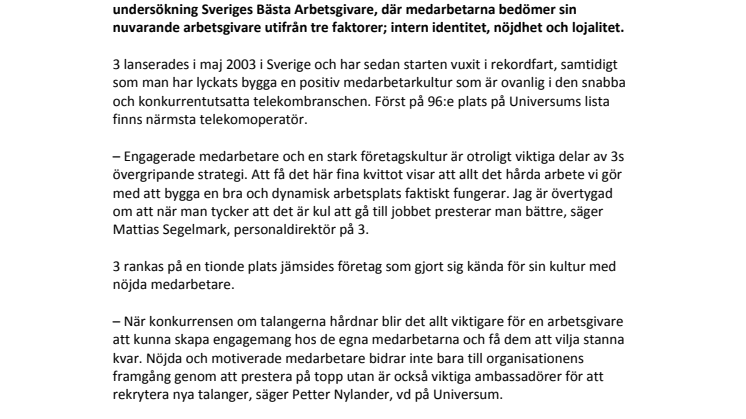 Undersökning från Universum och Metrojobb visar: 3 är en av Sveriges bästa arbetsgivare
