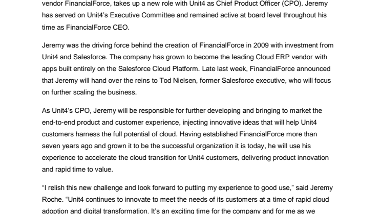 Unit4 utser Jeremy Roche till ny produktchef