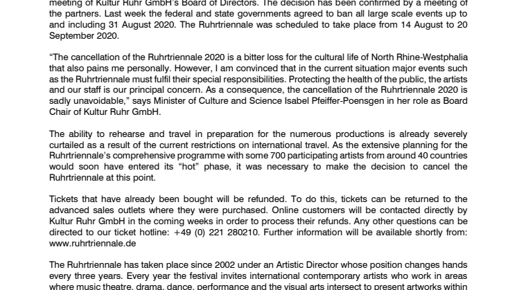 The Ruhrtriennale 2020 cannot take place due to the Coronavirus pandemic