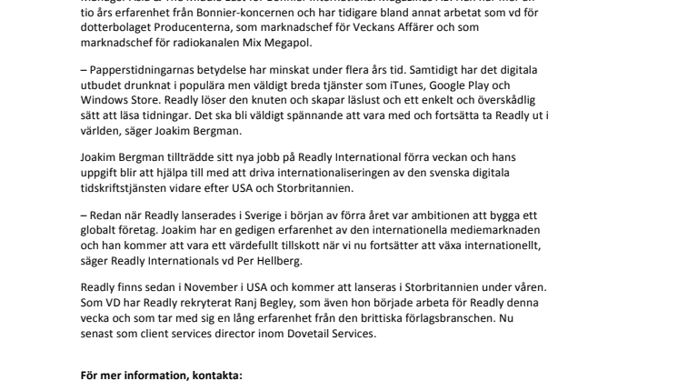 Readly rekryterar internationell säljare från Bonnier