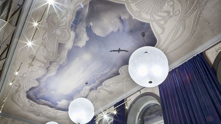 Trompe-l'oeuil ceiling in "Freedom" master suite at Stora Hotellet Umeå by Stylt Trampoli, winner of Best Newcomer at the 2014 World Boutique Hotel Awards