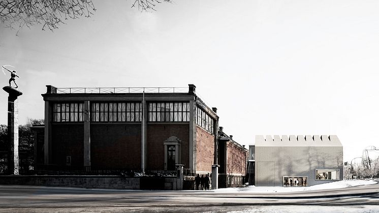 Liljevalchs konsthall med nya delen till höger. (Illustration Wingårdh Arkitekter AB 17082)