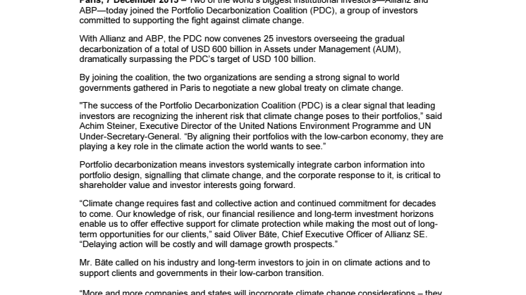 Allianz och ABP ansluter sig till PDC 