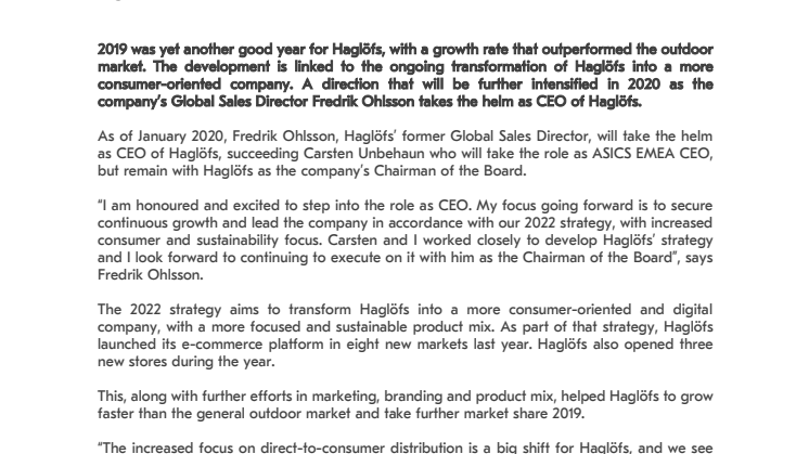 HAGLÖFS CONTINUES TO TAKE MARKET SHARE IN 2019