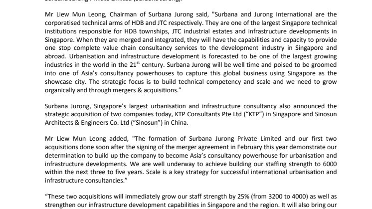 Surbana Jurong Private Limited launched, makes two acquisitions in Singapore & China