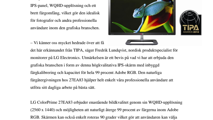 LG:S IPS-MONITOR 27EA83 UTSEDD TILL BÄSTA FOTOSKÄRM PÅ 2013 TIPA AWARDS