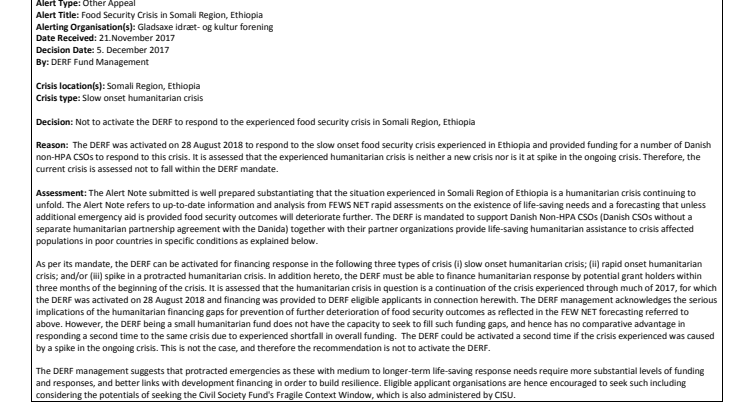 Alert Decision Note: Food Security Crisis in Somali Region, Ethiopia (17-016-SO) (Not Activated)