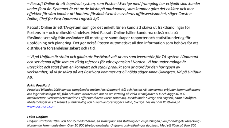 Unifaun AB levererar TA-system till PostNord