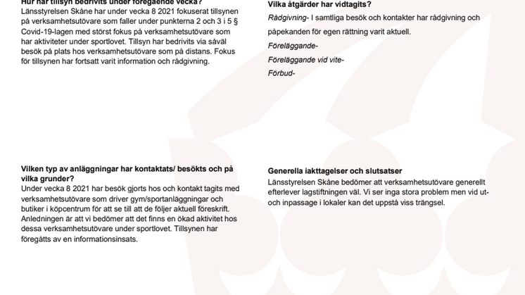 Vecka 8 Uppföljningen av Länsstyrelsen Skånes pandemitillsyn
