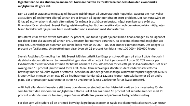Bobarometern visar: Tre av fyra föräldrar vill hjälpa barnen med studentbostad