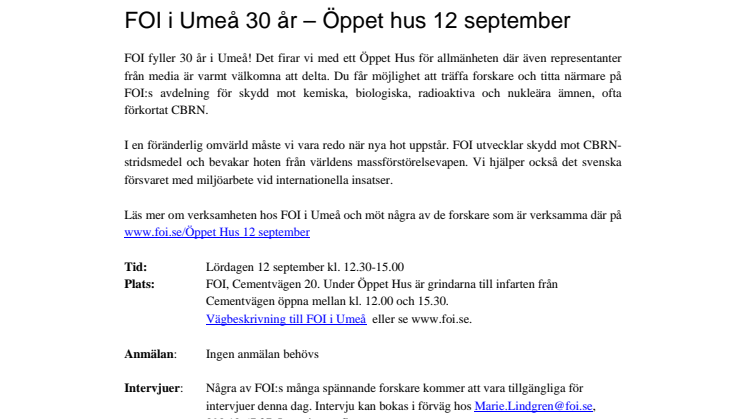 Pressinbjudan: FOI i Umeå 30 år – Öppet hus 12 september