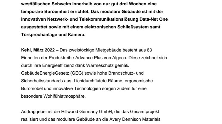 Presseinformation: Algeco übergibt temporäres Bürogebäude mit kompletter Netzwerktechnik nach nur gut drei Wochen