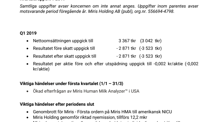 KVARTALSRAPPORT 1 FÖR MIRIS HOLDING AB 1 JANUARI – 31 MARS 2019