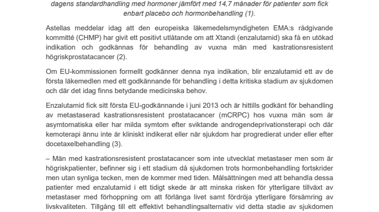 Astellas erhåller positivt utlåtande av CHMP för Xtandi för behandling av vuxna män med kastrationsresistent högriskprostatacancer som inte utvecklat metastaser