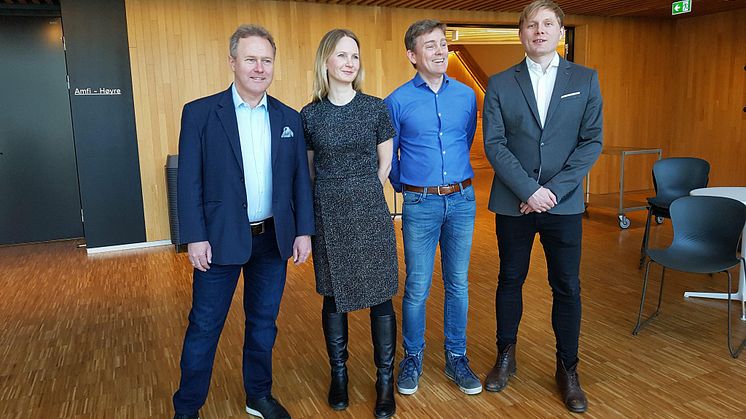 Fra lanseringen av Nordic Music Days 2019 i Bodø, fra venstre Rolf-Cato Raade, direktør i Stormen Konserthus, Therese Birkelund Ulvo, kunstnerisk leder NMD 2019, Eirik Raude, proskjektleder NMD 2019 og Jørgen Karlstrøm, styreleder Komponistforeningen