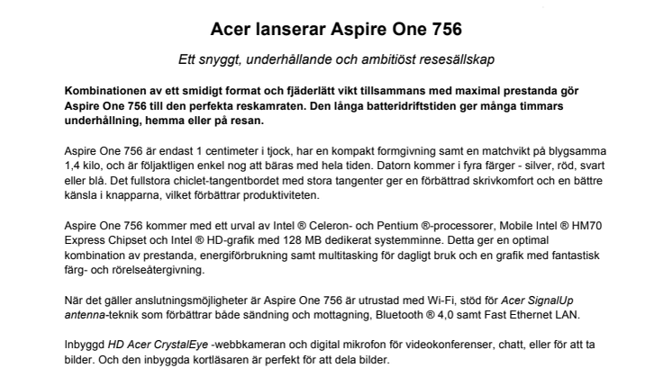 Acer lanserar Aspire One 756