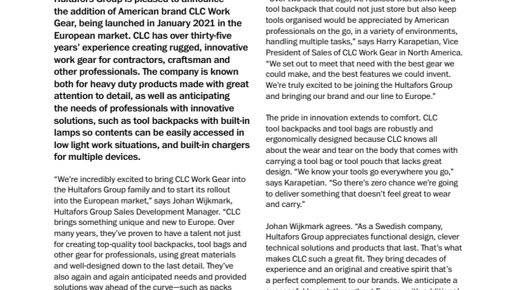 Hultafors Group adds CLC Work Gear to its portfolio—an American brand specialising in innovative tool backpacks and tool bags for the modern craftsman. 