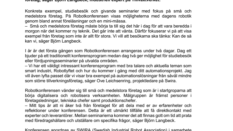 Robotkonferensen på Elmia förlängs till två dagar