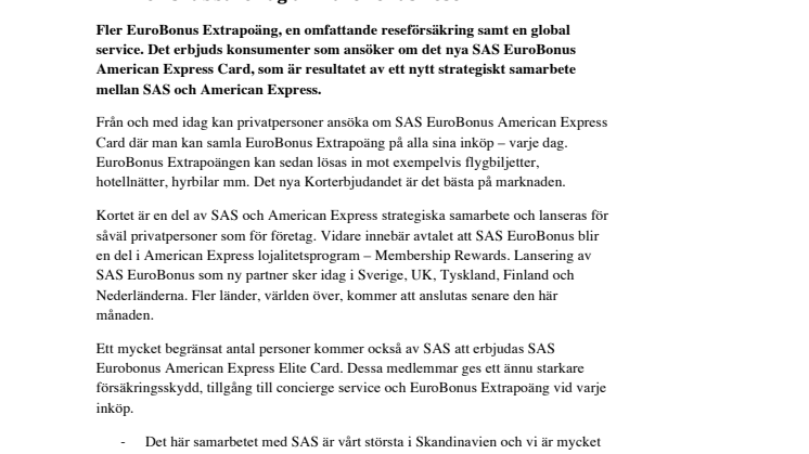 Strategiskt samarbete mellan SAS och American Express – en snabbare väg till EuroBonusresor