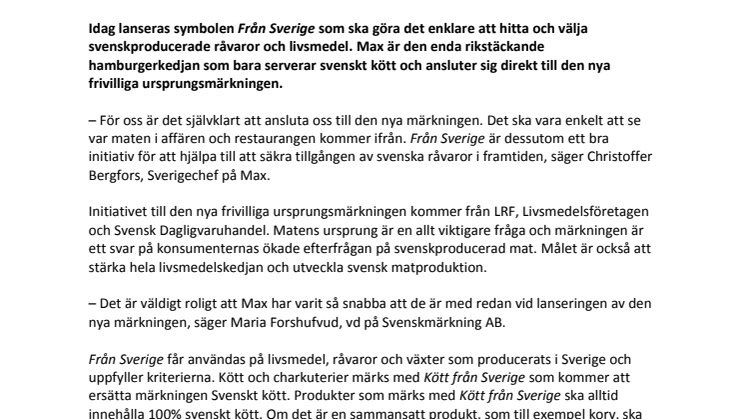 Max med från start av den nya ursprungsmärkningen "Från Sverige"