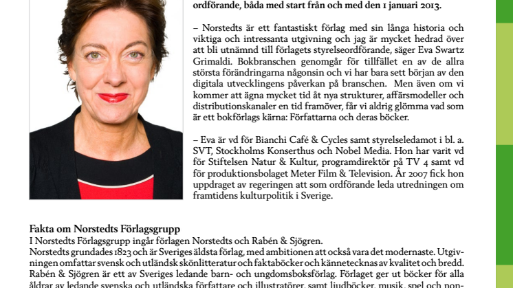 Eva Swartz Grimaldi blir styrelseordförande för Norstedts Förlagsgrupp