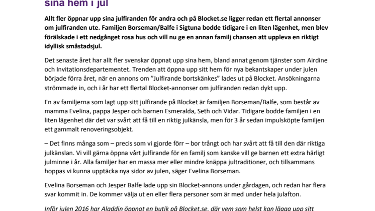 Julfirande säljes på Blocket: svenska folket öppnar upp sina hem i jul