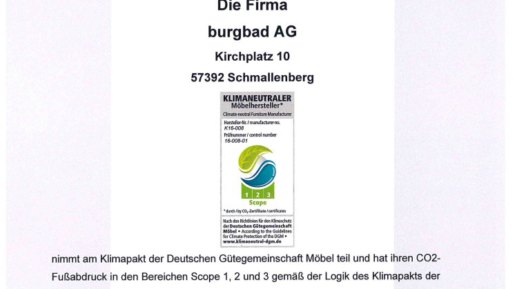 Urkunde Klimaneutraler Hersteller burgbad
