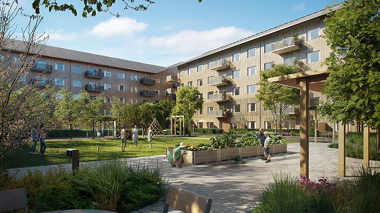 Trägården består av fem hus, byggda i trä. Här finns både bostadsrätter och hyresrätter och just nu pågår både försäljning och uthyrning. 