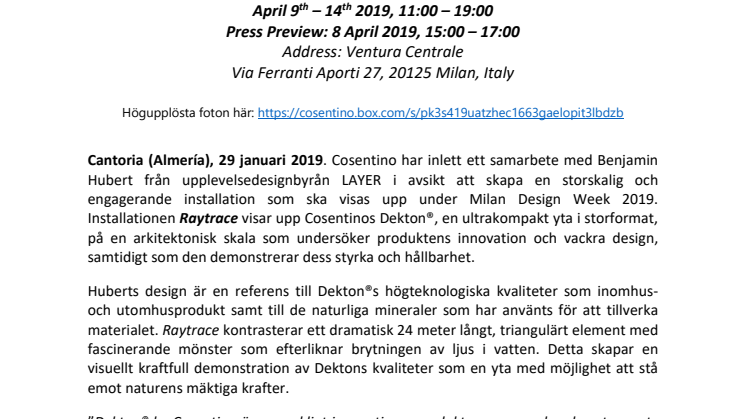 Cosentino presenterar: Raytrace – en storskalig Dekton®-installation designad av Benjamin Hubert från LAYER för Milan Design Week 2019
