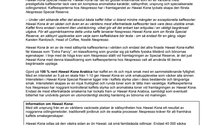 NESPRESSO LANSERAR EXKLUSIVA HAWAII KONA  SPECIAL RESERVE I MYCKET BEGRÄNSAD UPPLAGA