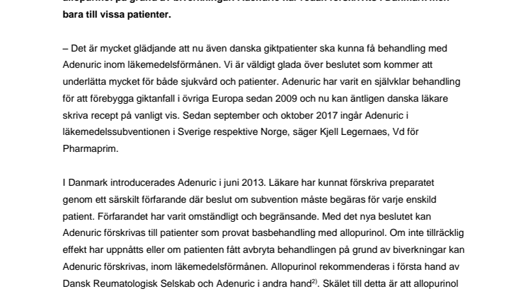 Giktläkemedlet Adenuric nu subventionerat även i Danmark 1)