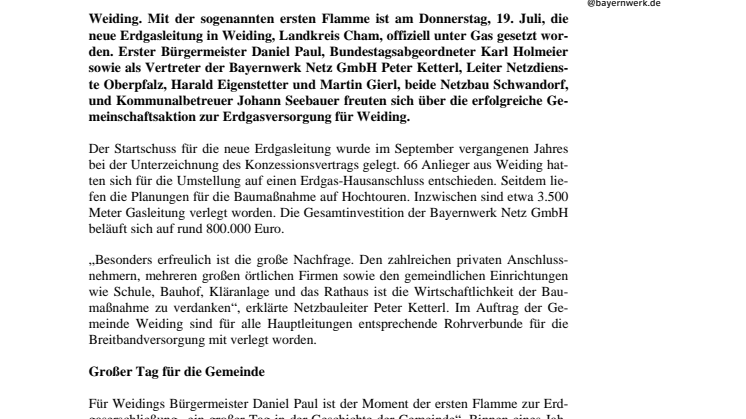 Erste Flamme für neue Erdgasleitung in Weiding