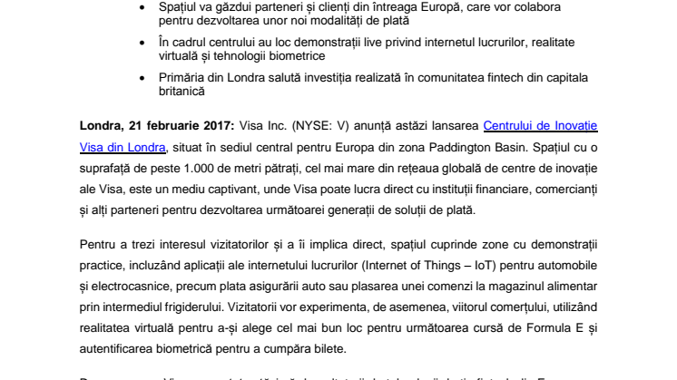 Visa deschide un Centru de Inovație la Londra și extinde accesul clienților europeni la platforma Visa Developer