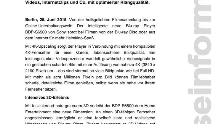Brillant und schnell: Der neue Blu-ray Player BDP-S6500 von Sony