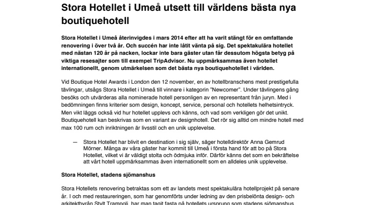 Stora Hotellet i Umeå utsett till världens bästa nya boutiquehotell