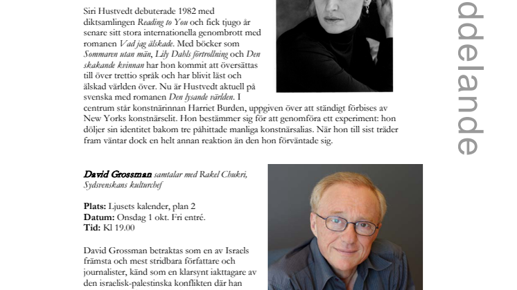 Stadsbiblioteket i Malmö: ​​Siri Hustvedt och David Grossman gästar Internationell författarscen