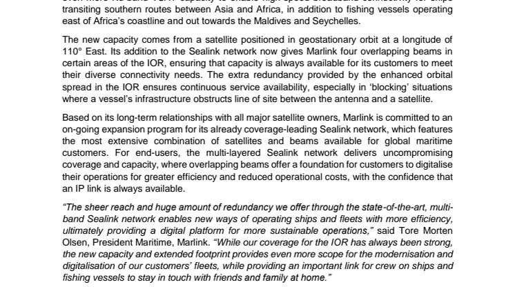 Marlink adds capacity and coverage to its Sealink VSAT network for customers operating in the Indian Ocean Region 