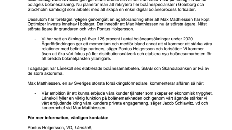 Kraftig tillväxt för Lånekolls bolånesatsning – Max Matthiessen ny huvudägare