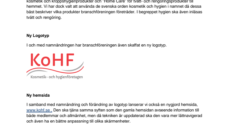 KTF blir Kosmetik- och hygienföretagen, KoHF