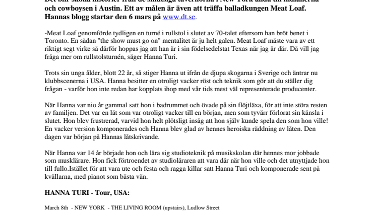 Hanna Turi ger sig ut på USA-turné - ska även försöka träffa Meat Loaf