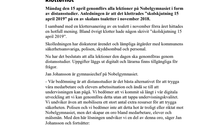 Distansstudier på Nobelgymnasiet efter klotterhot