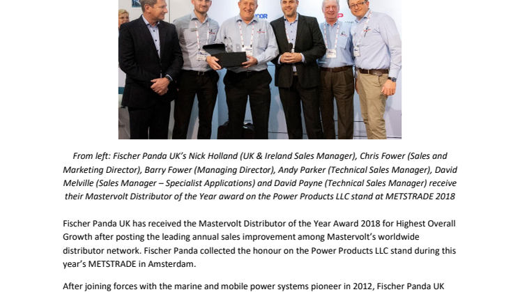 Fischer Panda UK: Fischer Panda UK Awarded Mastervolt Distributor of the Year 2018 Title for Highest Overall Growth
