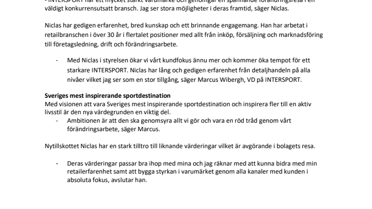 INTERSPORT fortsätter starkt framåt när Elgigantens VD går in i styrelsen