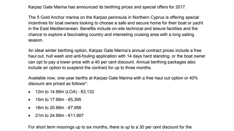 Karpaz Gate Marina Announces 2017 Berthing Offers