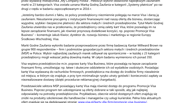 Tytuł Marki Godnej Zaufania 2017 dla Visa