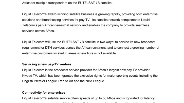 EUTELSAT 7B satellite chosen by Liquid Telecom for major broadcast deal and for new enterprise customers across Africa