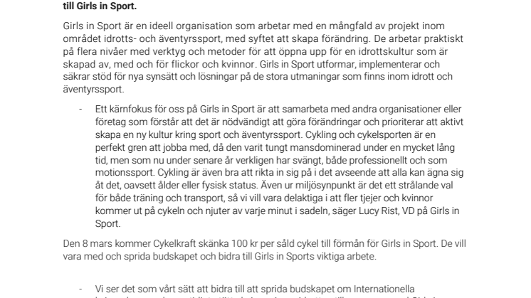 Cykelkraft skänker 100 kr per såld cykel för att uppmärksamma internationella kvinnodagen.