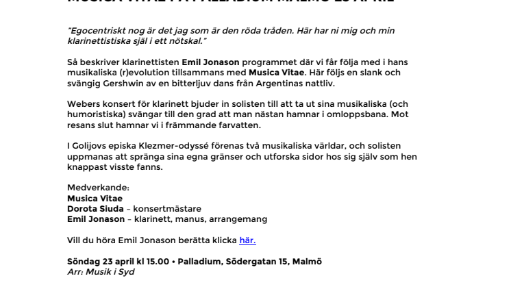 Clarinet (R)evolution med Emil Jonason & Musica Vitae på Palladium Malmö 23 april