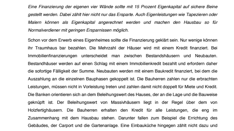 Baufinanzierung: Auch Eigenleistungen, Bausparvertrag oder Riester-Rente sind Eigenkapital