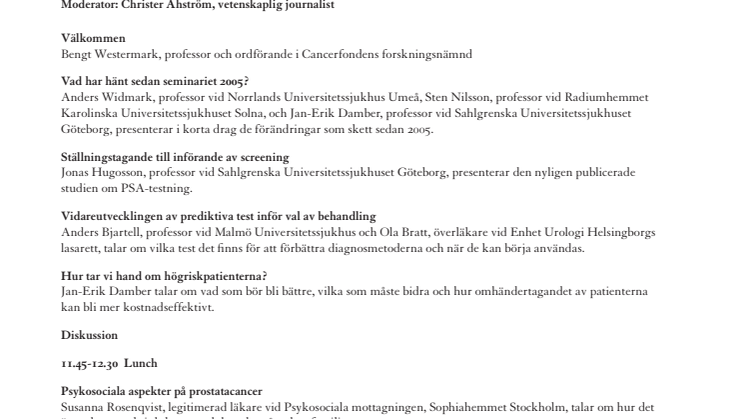 Program till seminarium om prostatacancer 4 maj 2009